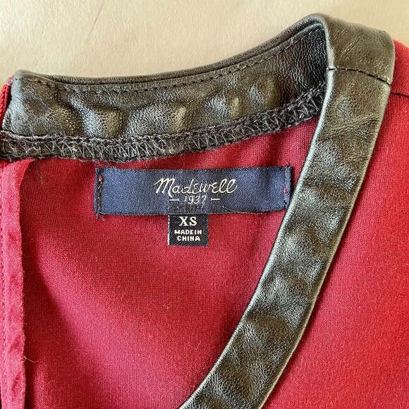 Madewell Black Leather Trim Short Sleeve Skater Mini Dress in Burgundy Red XS - Picture 5 of 12